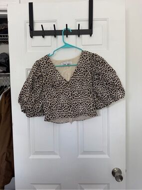 Endless Rose Beige and Black Leopard Puff Sleeve Crop Top